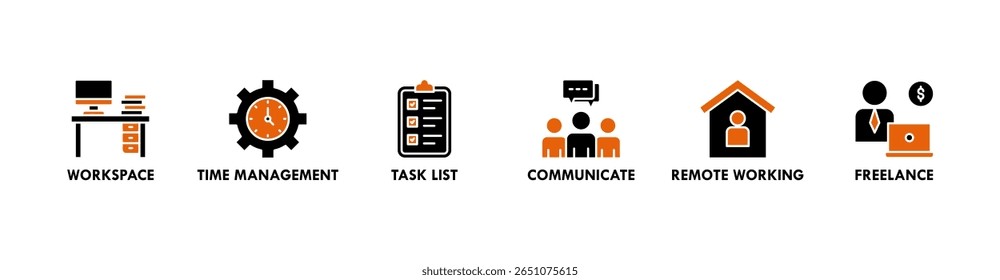 Trabalho em casa banner web ícone vetor ilustração conceito de wfh com ícone de espaço de trabalho, gerenciamento de tempo, lista de tarefas, comunicar, trabalho remoto e freelance