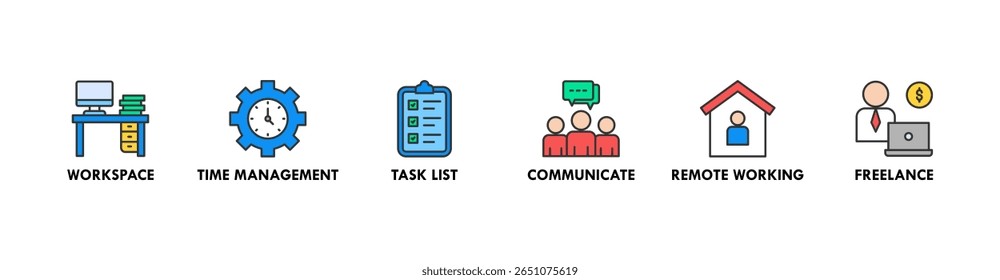 Trabalho em casa banner web ícone vetor ilustração conceito de wfh com ícone de espaço de trabalho, gerenciamento de tempo, lista de tarefas, comunicar, trabalho remoto e freelance