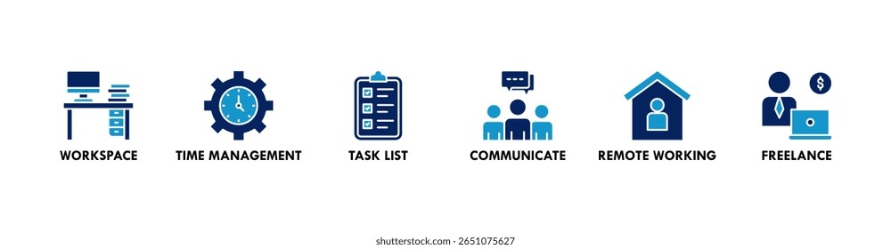 Trabalho em casa banner web ícone vetor ilustração conceito de wfh com ícone de espaço de trabalho, gerenciamento de tempo, lista de tarefas, comunicar, trabalho remoto e freelance