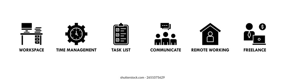 Trabalho em casa banner web ícone vetor ilustração conceito de wfh com ícone de espaço de trabalho, gerenciamento de tempo, lista de tarefas, comunicar, trabalho remoto e freelance
