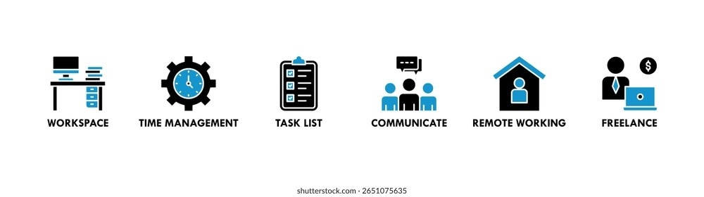 Trabalho em casa banner web ícone vetor ilustração conceito de wfh com ícone de espaço de trabalho, gerenciamento de tempo, lista de tarefas, comunicar, trabalho remoto e freelance