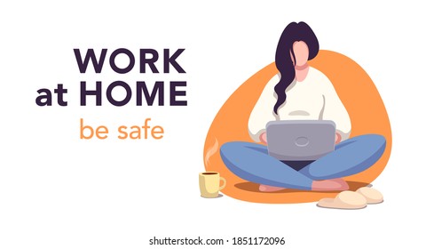 Work at home & be safe. Flst concept. Young woman working at home. Vector illustration