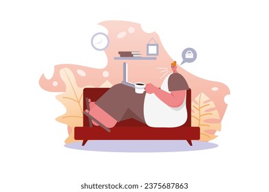 Work from home and body positive concept with people scene in the flat cartoon style. The woman stayed at home to work in a comfortable atmosphere. Vector illustration.