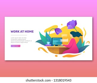 Work at home bright concept in flat style. Young woman using desktop computer while sitting at table. Business woman working in home office vector illustration. Freelance and home blogging poster