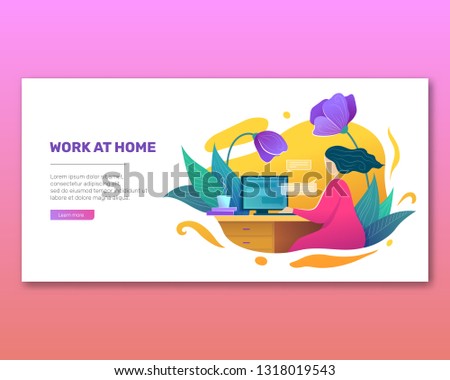 Work at home bright concept in flat style. Young woman using desktop computer while sitting at table. Business woman working in home office vector illustration. Freelance and home blogging poster