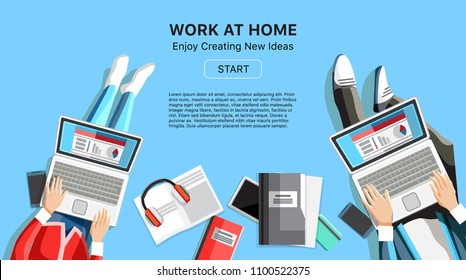 Work at home business banner with space for text. Top view people working on laptops. Self-employed persons in home office workspace, online e-commerce, internet freelancing vector illustration