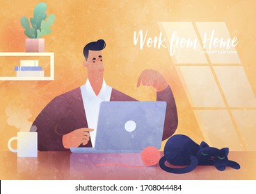 Work from home, business concept  illustration. Man using laptop computer working at home with sleeping cat next to him. Business vector design template.