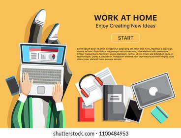 Work at home business concept. Top view man with phone, headphones, laptop and business reports. Self-employed person in home office workspace, e-commerce, internet freelancing vector illustration.