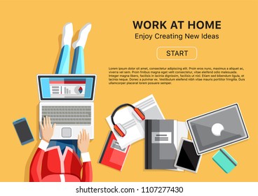 Work at home business concept. Top view girl with phone, headphones, laptop and business reports. Self-employed person in home office workspace, e-commerce, internet freelancing vector illustration.