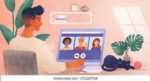 Work from Home. A business group meeting being held via a video conference call. Remote work, Online webinar, New normal. Online technology concept vector illustration.