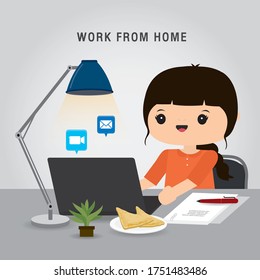 Trabajo desde casa, equipo de negocios usando laptop para reuniones en línea en videollamadas de conferencia. Gente en casa en cuarentena. Ilustración del vector de dibujos animados de caracteres