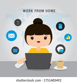 Work from home, Business team using laptop for online meeting in conference video call. People at home in quarantine. Character Cartoon Vector illustration
