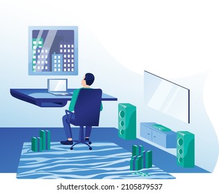 Work from home, business web design vector illustration, man making money, fail remote work, software engineer