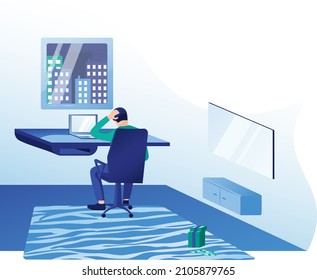 Trabajo desde el hogar, diseño web de negocios ilustración vectorial, hombre ganando dinero, trabajo a distancia de fallos, ingeniero de software