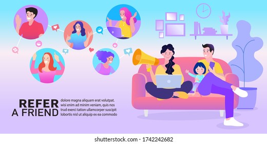 Work from home. Businesswoman use megaphone and mobile phone. Refer a friend concept banner. Digital marketing strategy. Flat Vector.