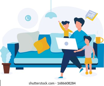 Work at home. A busy father works on a laptop in the living room of the house. Daughters and son want to play with dad. Flat cartoon happy family vector. Illustration for parents and children.