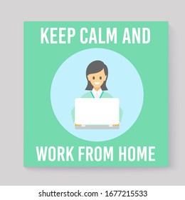 Work from home campaign poster with a woman working on her laptop.