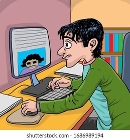 Work from home cartoon. A man doing his job from home using computer and internet. 