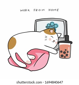 Work from home cat sleep on laptop and drink ice bubble milk tea cartoon vector illustration