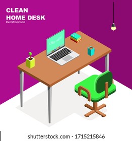 Work from home with a clean simple desk, laptop with clean desk.