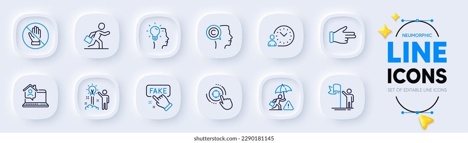Work home, Click hand and Risk management line icons for web app. Pack of Fake information, Idea, Businessman run pictogram icons. Creative idea, Seo target, Time management signs. Vector