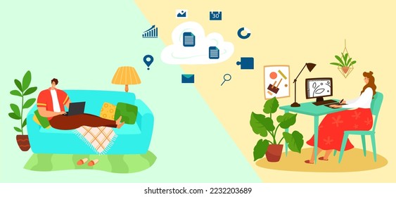 Work at home with cloudy environment, successful home business, woman designer at computer, cartoon style vector illustration.