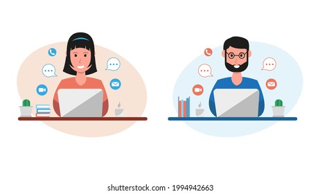 Work from home, work at home, co working space, concept illustration. Man and woman freelancers 
working on laptops and computer at home. Flat design work from home illustration