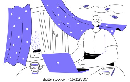 Obra desde casa: ilustración de diseño plano y colorido. Medidas de protección contra el coronavirus, manténgase en casa recomendado. Caricaturista, gerente hombre sentado en la laptop de su habitación