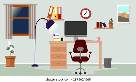 Work from home, computer, books, pens and mug on a desk home office, room interior stock illustration