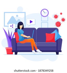 Work from home concept, Awomen sitting on sofa using smartphone, stay at home on quarantine during the Coronavirus Epidemic illustration