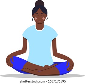 Work from home concept. Bare foot young girl doing yoga. Vector illustration. Flat cartoon style. African woman sitting on the floor in lotus position. Healthy lifestyle. For posters, interface design