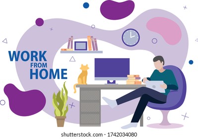 Work From Home concept with businessman using a computer and tablet in his living room seated at a desk in a comfy chair during the Covid-19 pandemic, colored vector illustration