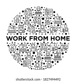 Work from home concept in circle with thin line icons: online conference, freelancer, online education, programmer, developer, copywriter, web designer, product manager. Vector illustration.