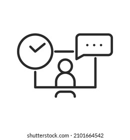 Work from home concept. Computer with human and clock chatting. Video conference and online meeting concept. Distance work and learning. Vector illustration. Laptop, computer, chatting, conferencing