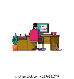 Work from home concept. Corona virus protection. Desease prevention. Remote job. Quarantine vector illustration. Stay at home. Freelance man. Computer desk. Line art flat design. Editable stroke.