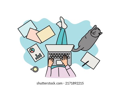 Work from home concept. Cozy workspace working with cat flat design