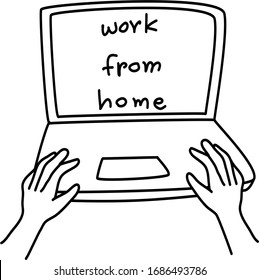 Work from home concept with cropped top view image of hands typing on laptop keyboard. Laptop monitor showing wording - work from home. Top view of hands over notebook computer keyboard.