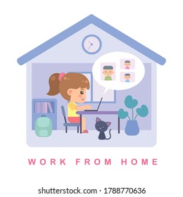 Work from home concept. Cute freelancer girl working and meeting on laptop with the cat in the house shape on white background. Flat design illustration