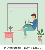 Work at home concept design. Corona virus quarantine concept.man working at home. stay at home, man sitting on the window and working by laptop. people with computer. Prevent infection spreading.