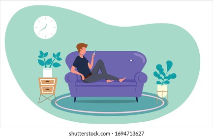 Diseño de concepto de trabajo en casa. Concepto de cuarentena del virus Corona.man trabajando en casa. quédate en casa, hombre sentado en el sofá y trabajando con un ordenador portátil. personas con ordenador. Evitar la propagación de la infección.