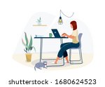 Work at home concept design. Freelance woman working on laptop at her house, dressed in home clothes. Vector illustration isolated on white background. Online study, education.