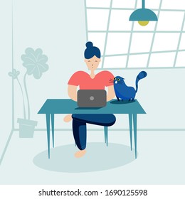 Diseño de concepto de trabajo en casa. Mujer independiente trabajando en una laptop en su casa. Ilustración ligera en estilo plano.