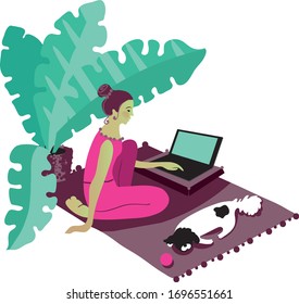 Diseño de concepto de trabajo en casa. Mujer independiente trabajando en laptop