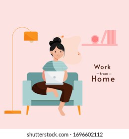 Work at home concept design. Freelance woman working on laptop at her house, dressed in home clothes. Vector illustration isolated on white background. Online study, education.