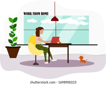 Work from home concept design. Freelance woman sitting on the chair and working on laptop at her house with her cat. Vector illustration isolated on white background. Online study, education, meeting.