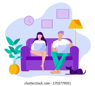 Work at home concept design. Freelance woman and man working on laptop at his house. Vector illustration isolated on white background. Online study, education.