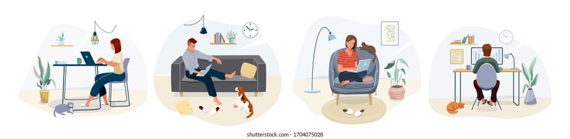 Work at home concept design. Freelance woman and man working on laptop with pets at their house, dressed in home clothes. Vector illustration set isolated on white background.