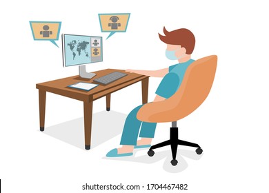 Work at home concept design. Freelance man working on laptop at her house Vector illustration on white background. Online study