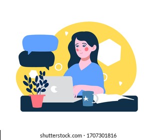 Work at home concept design. Freelance woman working on laptop at her house, dressed in home clothes. Vector illustration isolated on white background. Online study, education, work, chat.