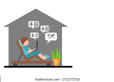 Diseño de concepto de trabajo en casa. Hombre independiente trabajando en una laptop en su casa. Ilustración de Vector sobre fondo blanco. Estudio en línea